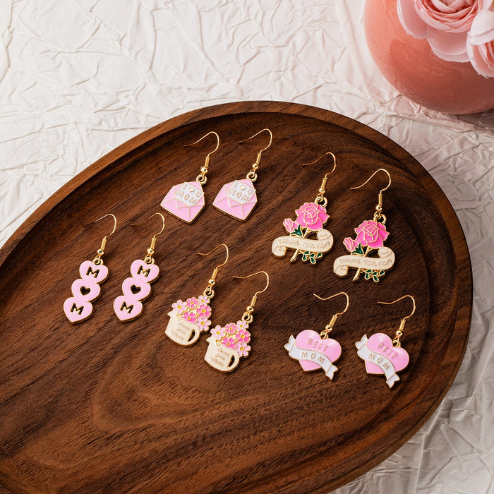 Sweet Pink Enamel Mother's Day Flower Envelope Heart Alloy Hook Drop Earrings