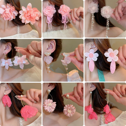 Pink Fabric Flower Tassel Drop Earrings With Silver Needle, Sweet Summer Vacation Style