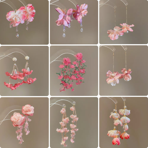 Pink Fabric Flower Tassel Drop Earrings With Silver Needle, Sweet Summer Vacation Style