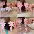 Pink Fabric Flower Tassel Drop Earrings With Silver Needle, Sweet Summer Vacation Style view 3