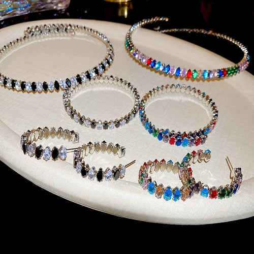 Luxury Copper Zircon Teardrop Open Choker Bracelet Earrings Jewelry Set