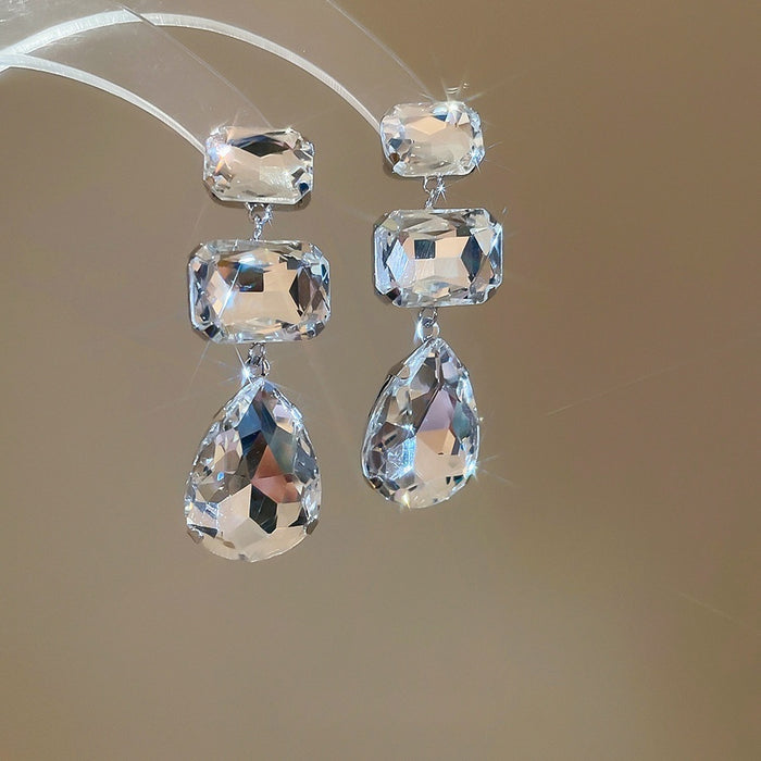 Chic Copper Rhinestone Square Teardrop Tassel Drop Earrings With Silver Pins