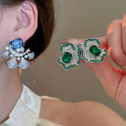 Luxury Alloy Floral Rhinestone Stud Earrings For Women Palace Style Light Luxury Jewelry