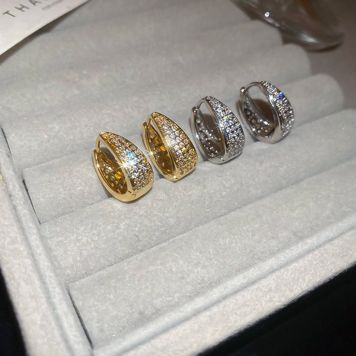 Copper Zircon Oval U-Shaped Hoop Earrings For Women Minimalist Luxury Geometric Style