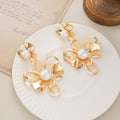 Luxury Hollow Alloy Flower Pearl Drop Earrings For Women, Gold Metal Statement Floral Dangle Earrings view 2