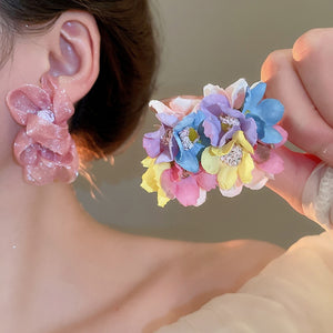 Fabric Chiffon Flower Stud Earrings For Women Fresh Sweet Beach Vacation Style Jewelry