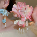 Vacation Style Fabric Flower Zircon Pearl Tassel Drop Earrings With Sterling Silver Pins view 2