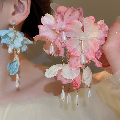 Vacation Style Fabric Flower Zircon Pearl Tassel Drop Earrings With Sterling Silver Pins