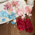 Vacation Style Fabric Flower Zircon Pearl Tassel Drop Earrings With Sterling Silver Pins view 3
