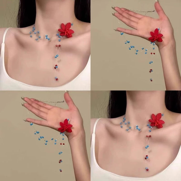 Dopamine Floral Acrylic Rice Bead Necklace Beach Vacation Sweet Collarbone Choker