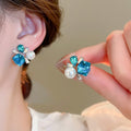Elegant Faux Pearl Crystal Flower Stud Earrings With Silver Needle, Chic Luxury Style Jewelry For Women view 4