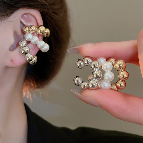 French Style Faux Pearl C-Shaped Clip-on Earrings, Light Luxury Geometric Ear Cuff Jewelry