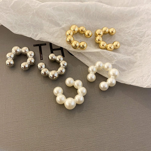 French Style Faux Pearl C-Shaped Clip-on Earrings, Light Luxury Geometric Ear Cuff Jewelry