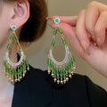 Alloy Rhinestone Flower Waterdrop Tassel Drop Earrings Vacation Style Silver Post Jewelry view 2