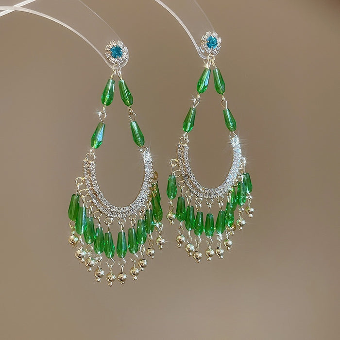 Alloy Rhinestone Flower Waterdrop Tassel Drop Earrings Vacation Style Silver Post Jewelry