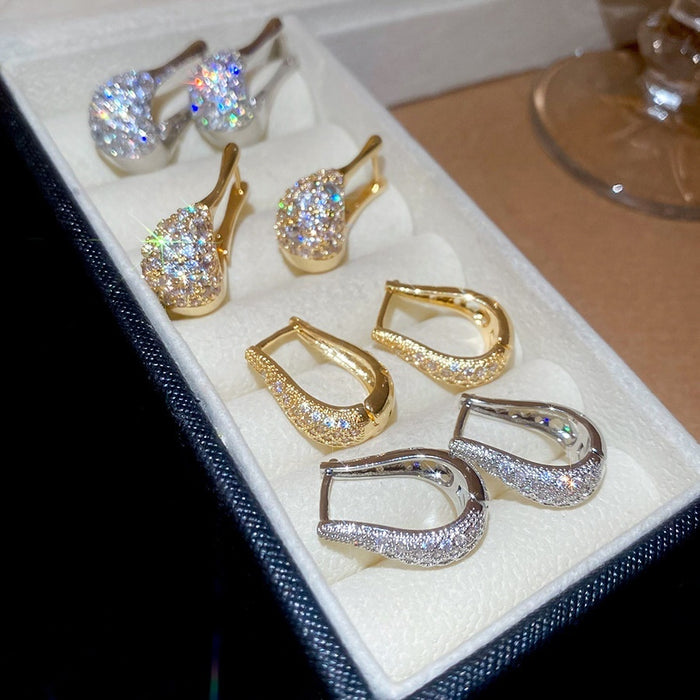 Light Luxury Copper Zircon Oval U-Shaped Earrings Retro Elegant Geometric Ear Cuffs
