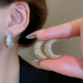 Light Luxury Copper Zircon Moon Stud Earrings For Women, Geometric European Style Jewelry view 2