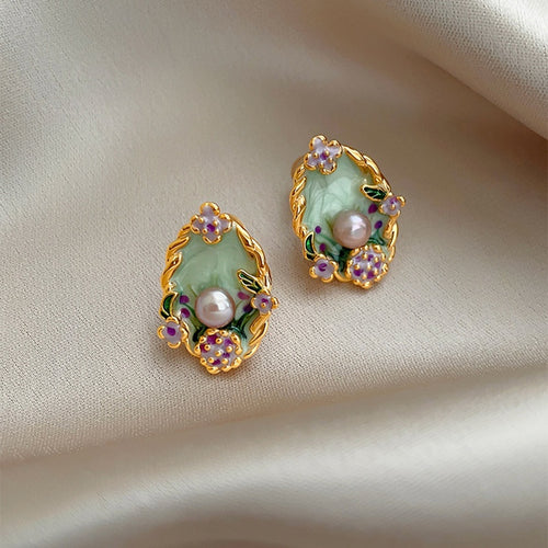 French Light Luxury Faux Pearl Flower Oval Geometric Stud Earrings For Women
