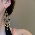 Light Luxury Alloy Rhinestone Flower Tassel Drop Earrings Vintage Palace Style Ear Hook Jewelry view 3