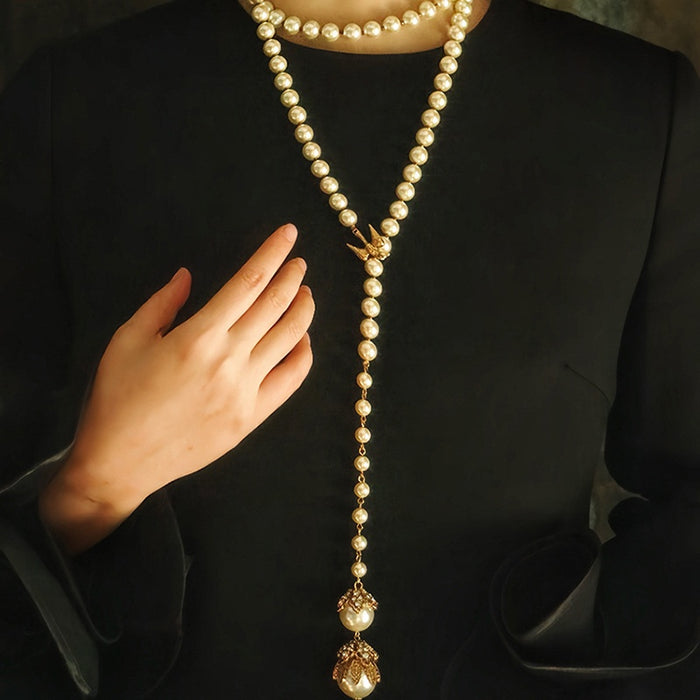 Light Luxury Faux Pearl Rhinestone Flower Bird Long Necklace For Women