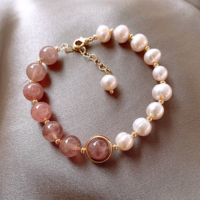 French Elegant Strawberry Quartz Pearl Beaded Bangle Light Luxury Geometric Round Bracelet