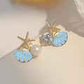 Fresh Shell And Starfish Stud Earrings With Pearl Enamel Detail, Vacation Style Jewelry view 2