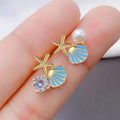 Fresh Shell And Starfish Stud Earrings With Pearl Enamel Detail, Vacation Style Jewelry view 1