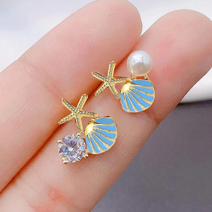 Fresh Shell And Starfish Stud Earrings With Pearl Enamel Detail, Vacation Style Jewelry