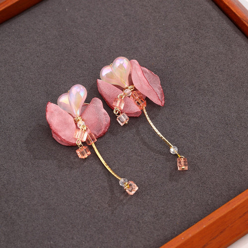 Elegant Heart Pearl Chiffon Flower Glass Bead Tassel Stud Earrings For Women Light Luxury Fairy Earrings