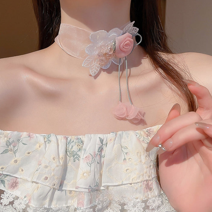 Sweet Floral Fabric Mesh Chiffon Ribbon Choker Necklace For Women Fashion Collarbone Jewelry