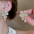Light Luxury Faux Pearl Zircon Flower Stud Earrings With Silver Posts For Women view 3
