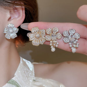 Light Luxury Faux Pearl Zircon Flower Stud Earrings With Silver Posts For Women