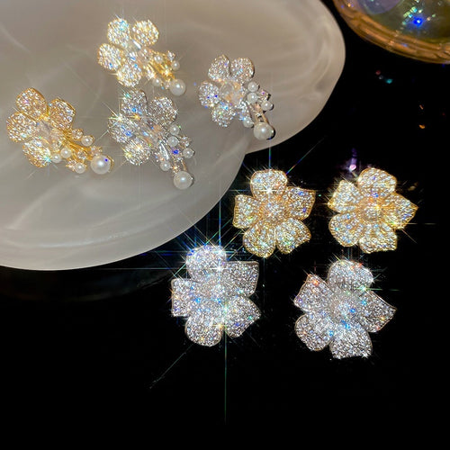 Light Luxury Faux Pearl Zircon Flower Stud Earrings With Silver Posts For Women