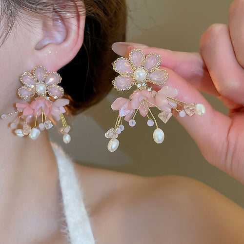 Freshwater Pearl Flower Tassel Drop Earrings With Sterling Silver Posts For Beach Vacation Style