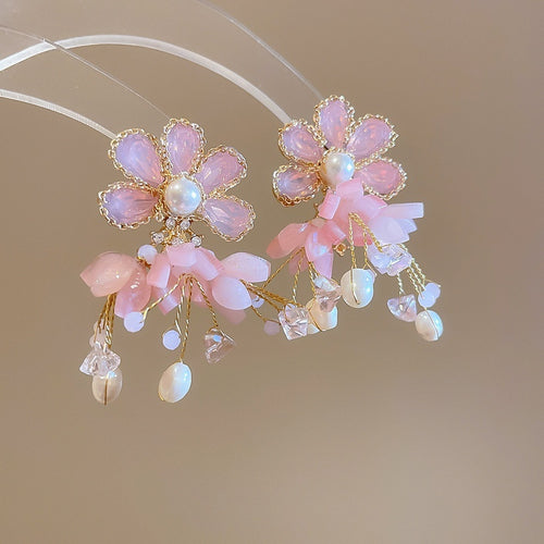 Freshwater Pearl Flower Tassel Drop Earrings With Sterling Silver Posts For Beach Vacation Style