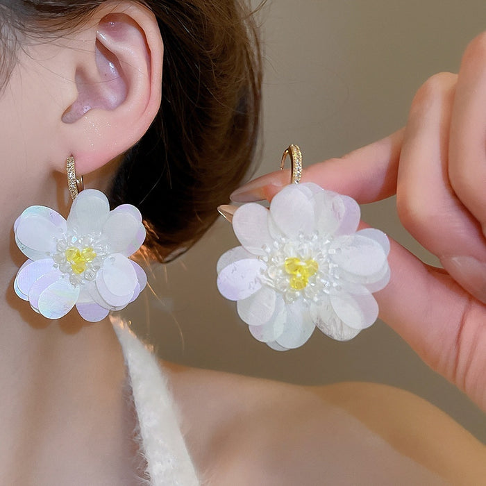 Sweet Fabric Flower Zircon Sequin Pendant Drop Earrings For Women Light Luxury Style