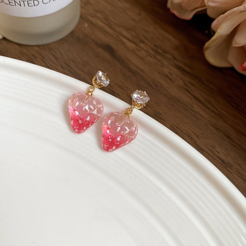 Korean Fresh Sweet Resin Strawberry Zircon Silver Needle Stud Earrings For Women