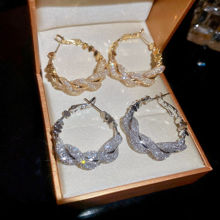 Copper Zircon Mesh Wrap Hoop Earrings With Silver Needle, Light Luxury European Style