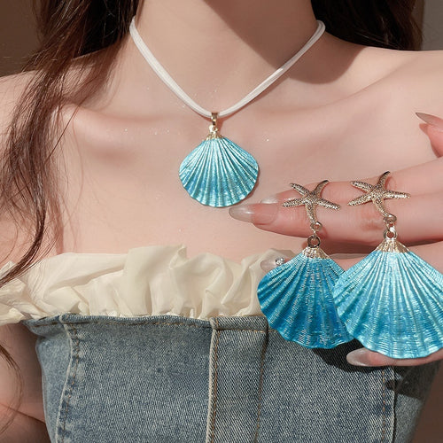 Painted Shell Pendant Necklace And Earrings Jewelry Set Alloy Beach Vacation Style Collarbone Chain