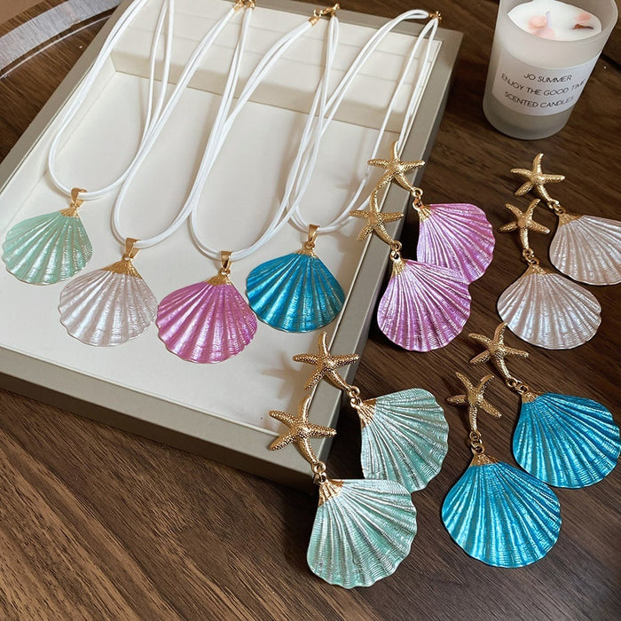 Painted Shell Pendant Necklace And Earrings Jewelry Set Alloy Beach Vacation Style Collarbone Chain