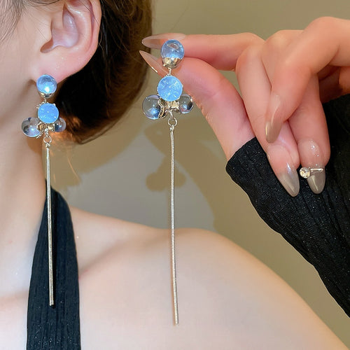 Resin Round Ball Tassel Drop Earrings With Silver Needle, Korean Minimalist Geometric Jewelry