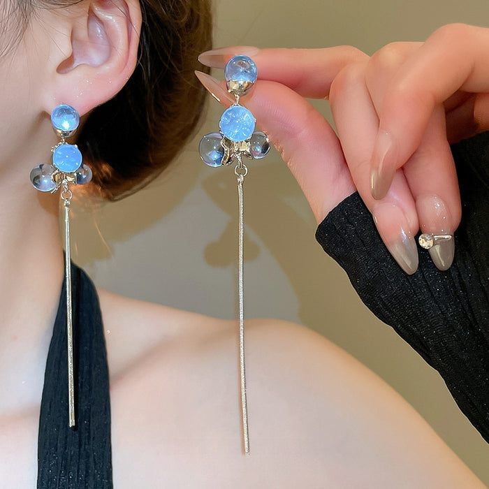 Resin Round Ball Tassel Drop Earrings With Silver Needle, Korean Minimalist Geometric Jewelry