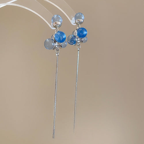 Resin Round Ball Tassel Drop Earrings With Silver Needle, Korean Minimalist Geometric Jewelry