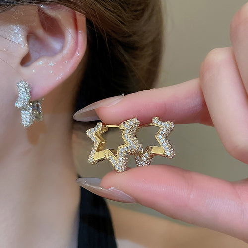 Light Luxury Copper Zircon Irregular Star Stud Earrings Vintage Elegant Fashion Ear Jewelry
