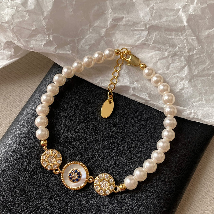 18K Gold Plated Zircon Faux Pearl Beaded Bangle, French Vintage Light Luxury Women's Jewelry