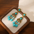 Vintage Bohemian Ethnic Turquoise Bead Alloy Rhinestone Pendant Chandelier Drop Stud Earrings view 4