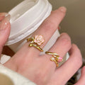 18K Gold Plated Zircon Enamel Flower Open Ring For Women view 3