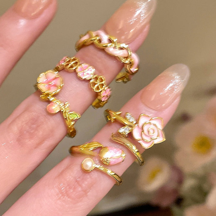 18K Gold Plated Zircon Enamel Flower Open Ring For Women