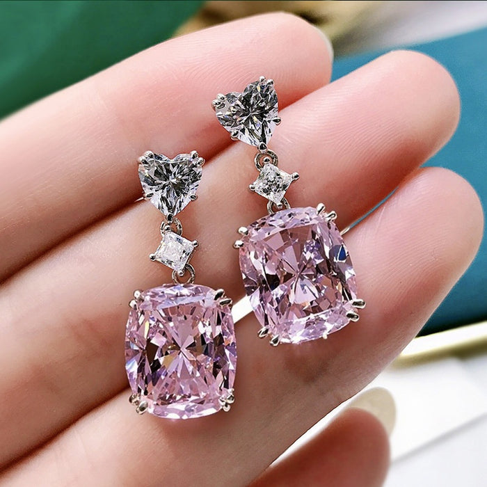 Princess Pink Heart Shape Drop Earrings For Women Sweet Girl Light Luxury Geometric Ear Jewelry