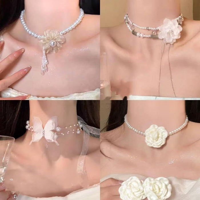 French Vintage Faux Pearl Flower Choker Necklace For Women Light Luxury Fashion Jewelry